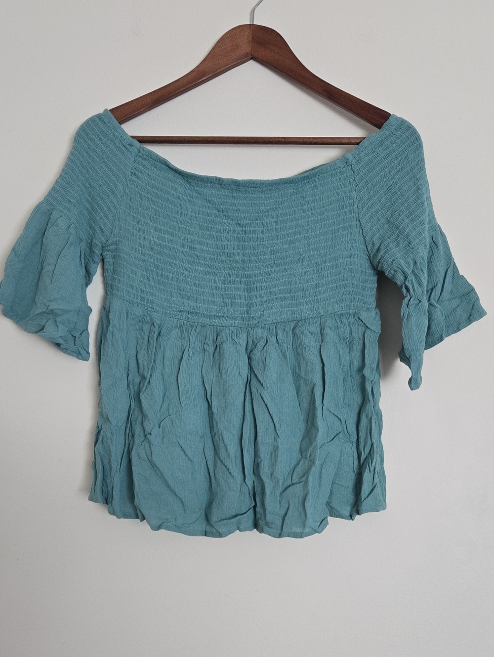 Teal Smocked Off-Shoulder Blouse
